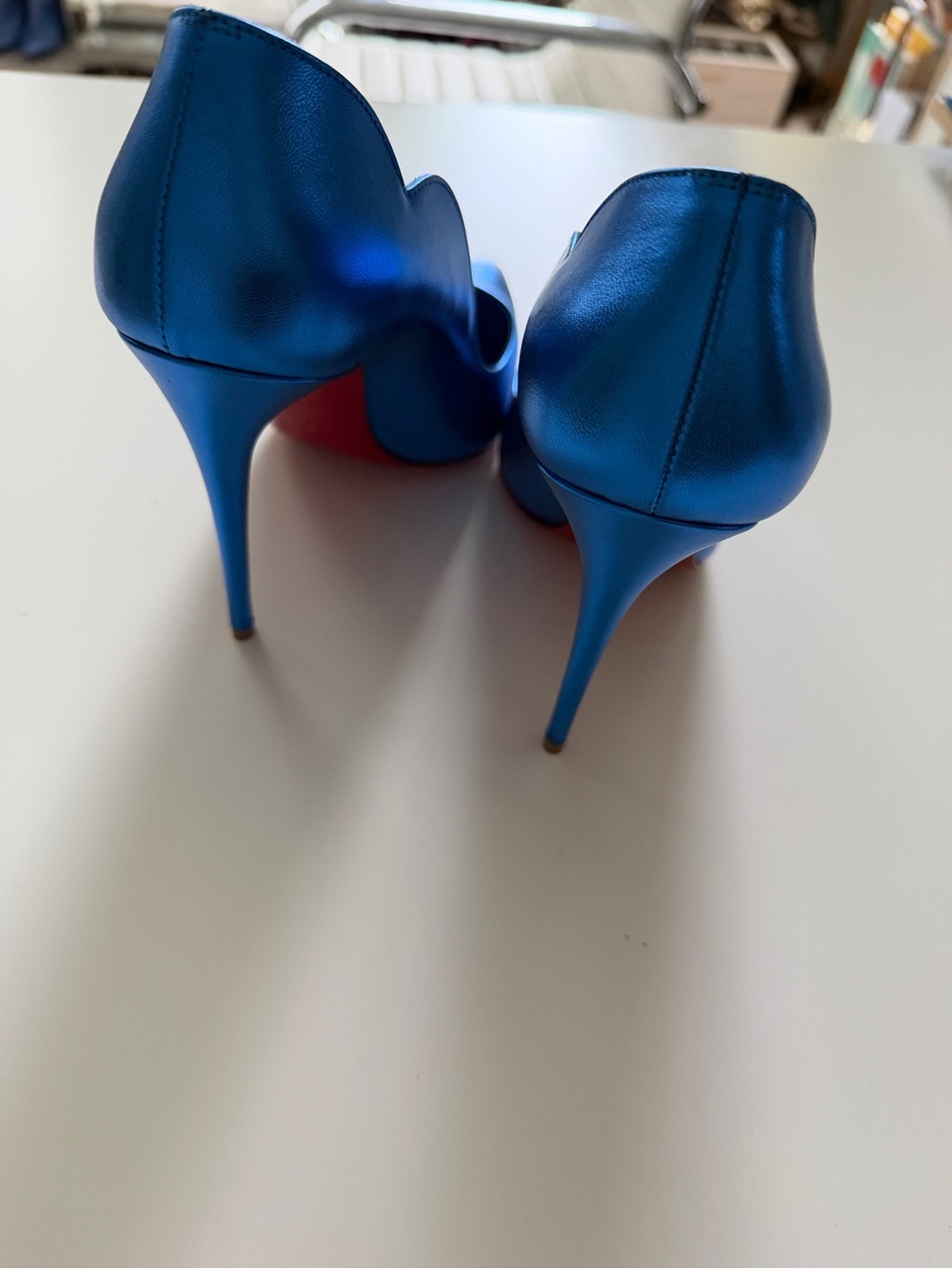 Christian Louboutin Electric Blue Satin Scalloped-Edge Stilettos - Picture 3 of 4